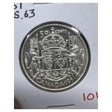 1951 (M.S.63) Canadian Silver 50 Cent