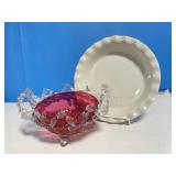 Cranberry with Clear Glass Footed Bowl (cracked)