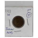 1903 USA ' Indian Head ' One Cent Coin F+