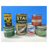 6 Round Tobacco Tins and 1 Oil Can