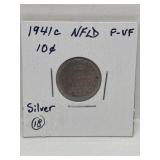 1941c NFLD Silver 10 Cent Coin F-Vf