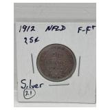 1912 NFLD Silver 25 Cent Coin F-F+