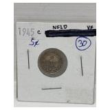 1945c NFLD Silver 5 Cent Coin Vf