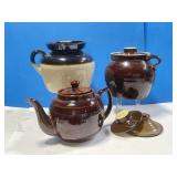 2 Crocks With A Handle and a Teapot - extra lids
