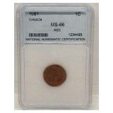Certified 1961 Canadian One Cent MS66 Red
