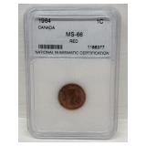 Certified 1964 Canadian One Cent MS66 Red