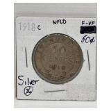 1918c NFLD Silver 50 Cent coin F-Vf