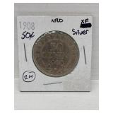 1908 NFLD Silver 50 Cent Coin Xf
