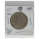 1899 NFLD Silver 50 Cent Coin ' Wide 9 ' Vf