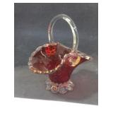 Red Glass Basket Vase, 7 In. Tall