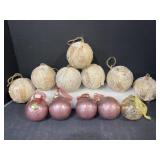 5 Heavy Glass Ornaments and 7 Birchbark Ornaments