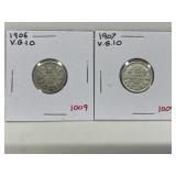 1906, 07 Cdn Silver 10 Cents - Both Vg10
