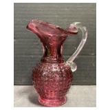 Cranberry Glass Pitcher With Clear Handle Signed