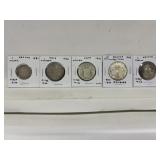 5 Coins 1923, 1931 Neth 1 Gulden, 1881 France 1