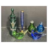 Green & Blue Glass Birds, Jars, Vase