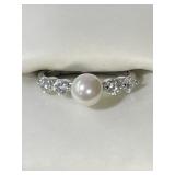 Silver 935 Ring With Pearl & Clear Stones, Size