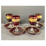 4 Red & Gold Crystal Wine Glasses and Matching