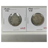 1905, 06 Cdn Silver 25 Cents - Both Vg