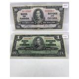 1937 Cdn $1 And $10 Bills