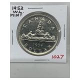 1952 'w.l' Cdn Silver Dollar - Mint