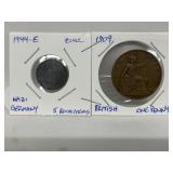 2 Coins- 1944-e Nazi Germany Zinc 5 Reichspfenni &