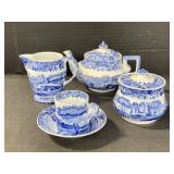 Blue & White Spode Teapot, Sugar Bowl, Creamer,