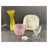 Yellow Glass Vase, Limoges Elephant, Pink/Clear