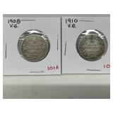 1908, 10 Silver 25 Cents - Both Vg