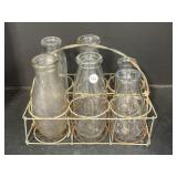 Assorted Vintage Milk Bottles in Wire Caddy -
