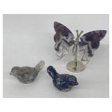 Amethyst Butterfly on Stand, 2 Decorative Birds