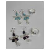 2x Sterling Silver Floral Style Dangle Earrings: