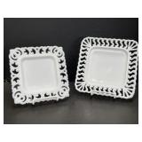 2 Vintage Reticulated Edge Milk Glass Square