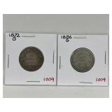 1872, 86 Cdn Silver 25 Cents - Both G