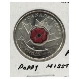 2004 Cdn 25 Cent Coloured Poppy- Misstrike