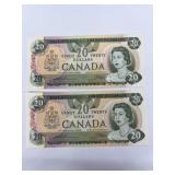 2 X 1979 Cdn $20 Bills With Consec Serial #;s Unc