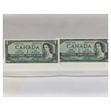 2 X 1954 Cdn $1 Bills With Consec Serial
