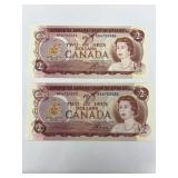 2 X 1974 Cdn $2 Bills With Consec Serial #;s Unc