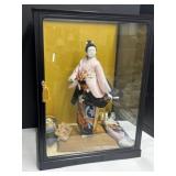 Asian Doll in Display Case and 2 Wall Pocket Vases