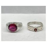 2x Sterling 925 Silver Rings with Red Cut Stones