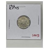 1916 Cdn Silver 10 Cents -ef45
