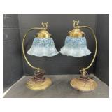 Pair of Brass Lamps with Opalescent Glass Shades