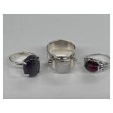 3x Sterling 925 Silver Rings - Moonstone, Red