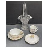 Art Glass Basket, Teacup & Saucer, Royalty Cup &