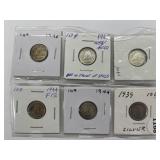6 Cdn Silver 10 Cents- 3x 1945, 2x1944, 1939