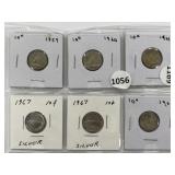 6 Cdn Silver 10 Cents- 1959,60,61,62, 2x 1967