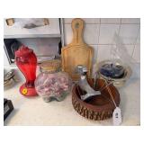 Cutting board, nut cracking tools & bowl, ashtrays, glass canister, misc