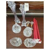 2 Waterford Miniature Vases (1 cracked),  Mikasa Candleholders, Tall Candleholders, Crystal Spoon Rests, Candles
