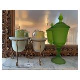 Green glass covered jar 16", 2 candle holders 8"