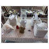 Tissue holders, oil lamp, ceramic pig light, match holder