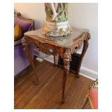 Pair of carved wood lamp tables with inlaid top & protective glass 18" x 28" x 18"